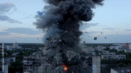 Residential Building Engulfed in a Massive Explosion With Smoke and Debris Rising Against a Twilight Sky