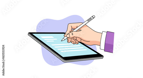 Close-up View of a Person's Hand Using a Stylus on a Digital Tablet to Write or Create Notes in a Modern, Minimalist Style with Soft Pastel Background Enhancing a Contemporary Tech Atmosphere