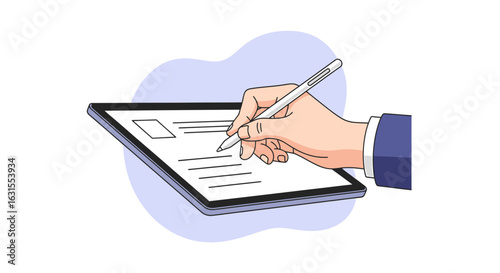 Close-Up of a Business Professional's Hand Holding a Stylus and Writing on a Digital Tablet in a Modern Office Setting, Representing Innovative Technology and Digital Documentation