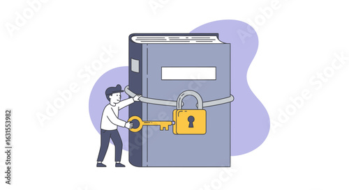 Conceptual Illustration of a Person Using a Key to Unlock a Secure Book Representing Knowledge and Information Access in Modern Digital Age with Stylish Graphic Elements and Colorful Background