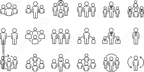 Collection of simple black line art icons depicting people and groups in various arrangements and relationships