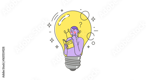 Creative Lightbulb Illustration Featuring a Thoughtful Individual Holding a Book, Symbolizing Ideas, Curiosity, and Inspiration in a Unique and Vibrant Way