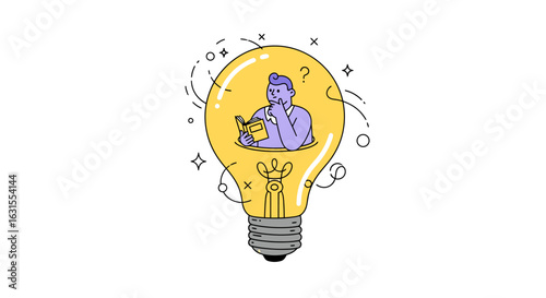 Creative Illustration of a Thoughtful Individual Inside a Light Bulb Holding a Book Surrounded by Curious Symbols and Elements Symbolizing Creativity, Innovation, and Learning