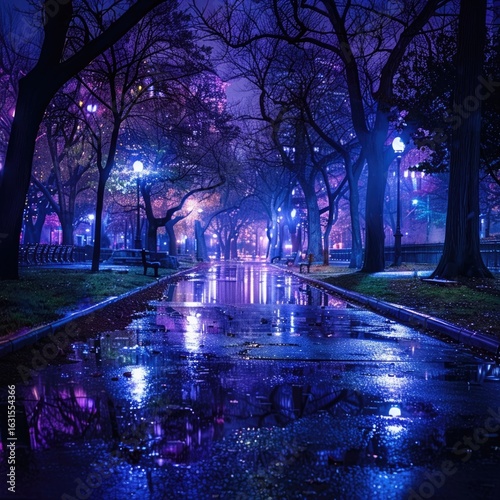 A serene urban park at night, with cool shades of purple and blue reflecting off puddles on the pavement, creating a calm, peaceful atmosphere.