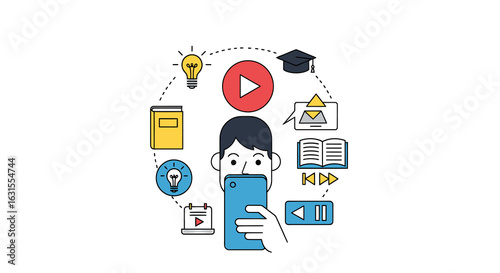Young Adult Engaging with Digital Learning Tools and Multimedia Content through a Smartphone in a Vibrant Educational Illustration Representing Knowledge Acquisition and Modern Study Techniques