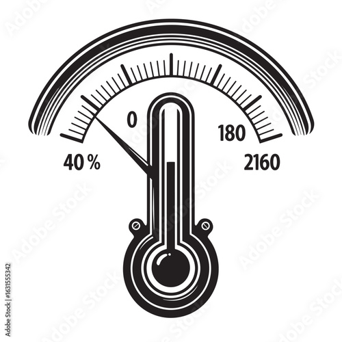 Illustrated black and white thermometer with gauge displaying percentage and numerical values