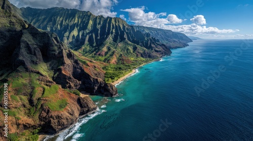 Breathtaking Aerial Perspective of Na Pali Coastline in Kauai, Showcasing Lush Green Valleys and Stunning Beaches