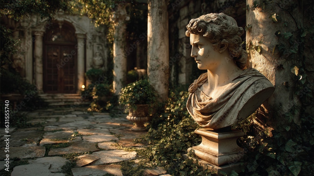Fototapeta premium Classical bust sculpture illuminated by golden hour sunlight with ancient columns and lush ivy in the background
