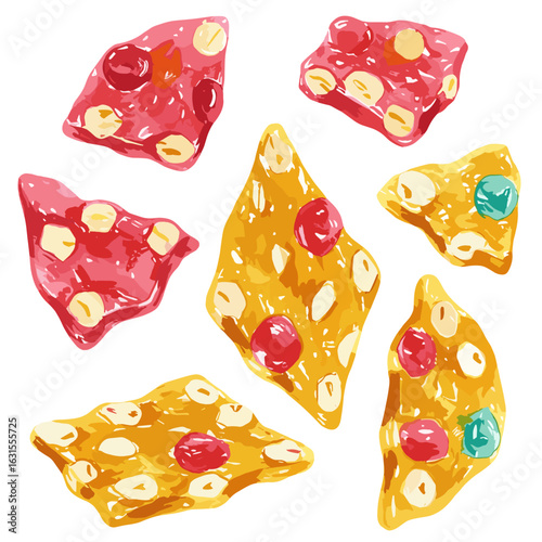 Assorted brittles featuring nuts and candied cherries, offering a delectable mix of flavors and textures, presented abstractly