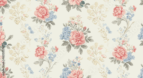 Romantic floral pattern features pink roses, blue hydrangeas and cream wildflowers on a light background, soft and charming