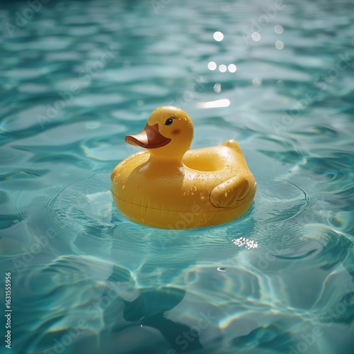 A serene view of a bright yellow duck-shaped pool float slowly drifting across a turquoise pool in perfect clarity.