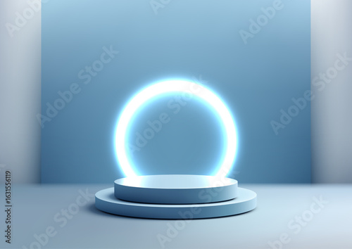 podium background technology product display minimal futuristic modern abstract 3d blue showcase scene glowing ring centered for mockup showroom design concept