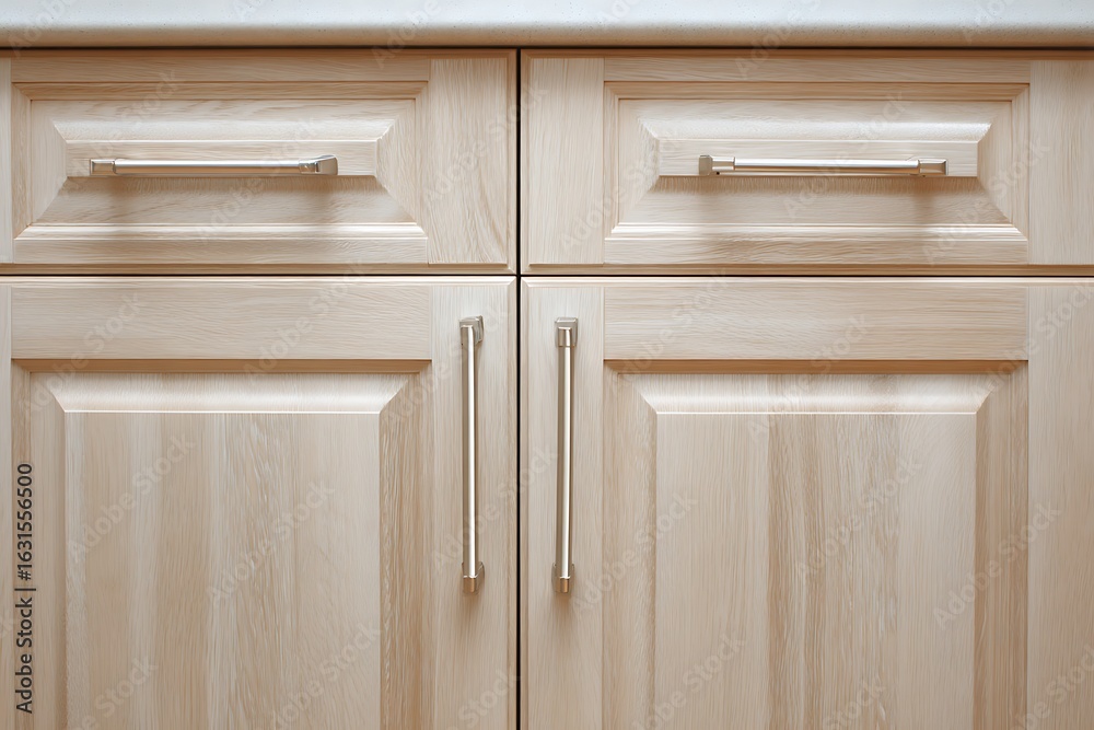 Four Light Wood Kitchen Cabinet Doors with Silver Hardware Closeup View Four Light Wood Kitchen Cabinet Doors with Silver Hardware Closeup View