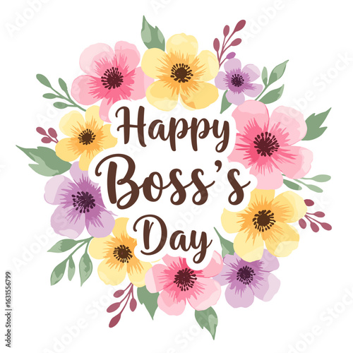 Watercolor floral wreath with Happy Boss's Day greeting, featuring pastel flowers and leaves, perfect for celebration