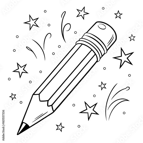Illustration of a pencil surrounded by stars isolated on white background