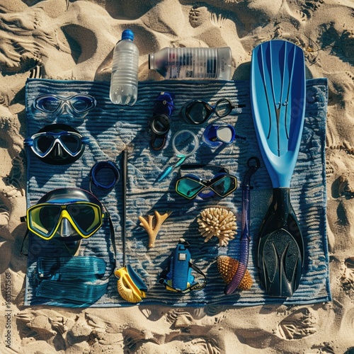 A set of premium snorkeling gear, including fins, mask, and snorkel, neatly arranged on a beach towel, ready for adventure.