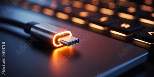 Close up of a type c usb cable connector on a laptop keyboard