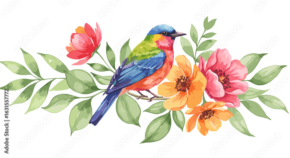 Fototapeta premium Watercolor bird illustration with vibrant plumage nestled among blooming flowers and lush green leaves in a serene composition