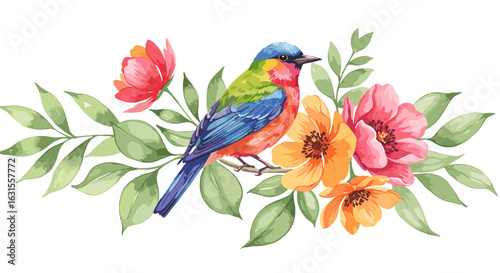Watercolor bird illustration with vibrant plumage nestled among blooming flowers and lush green leaves in a serene composition