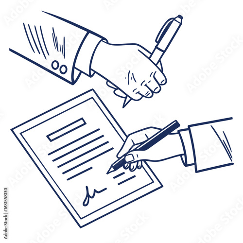 Line art of hands signing a contract with pens isolated on white background