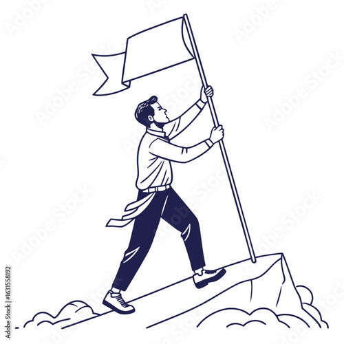Man with flag on mountain isolated on white background for success and leadership