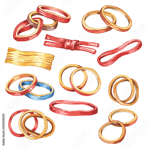 Collection of Colorful Rubber Bands and Elastic Bands in Various Shapes and Arrangements for Office and Home Use