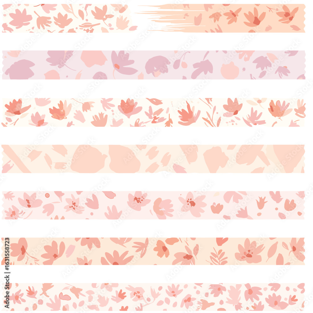 Collection of floral washi tape strips in pastel colors with abstract flower designs, perfect for decorating journals and crafts Collection of floral washi tape strips in pastel colors with abstract flower designs, perfect for decorating journals and crafts