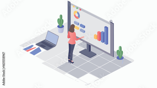 Isometric view of a woman presenting data on a screen with a laptop and plants on a table top view