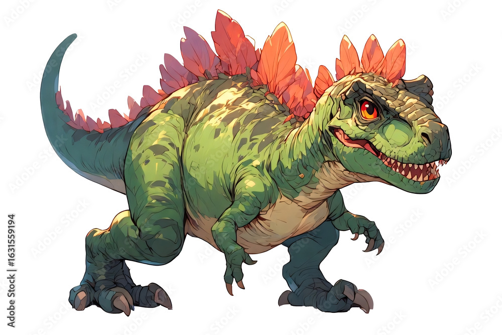 Obraz premium A cute green cartoon dragon, a wild reptile character with a funny smile, is illustrated as a fantasy dinosaur