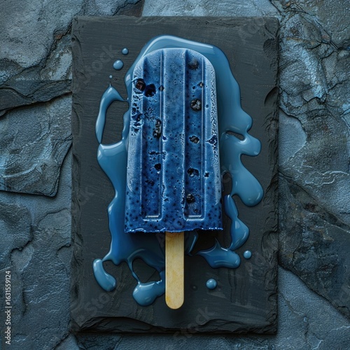 A single melting blueberry popsicle on a dark slate board, with vibrant blue drips trailing down.