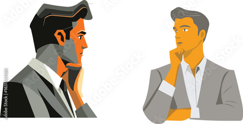 Two Thinking Men in Suits Vector Illustration Isolated on White Background - Ideal for Business Concepts, Presentations, Websites, and Marketing Materials