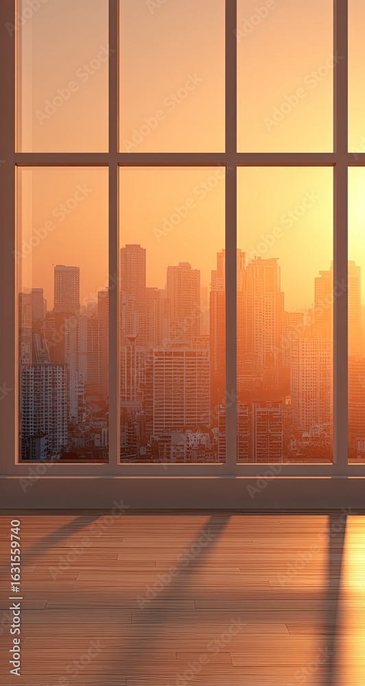 Fototapeta premium Cityscape view through a window at sunset