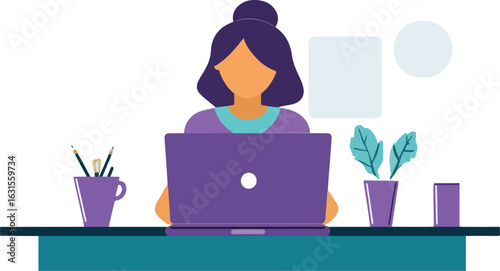Woman working on laptop at desk with plant and stationery vector illustration isolated on white background concept for freelance work from home online education