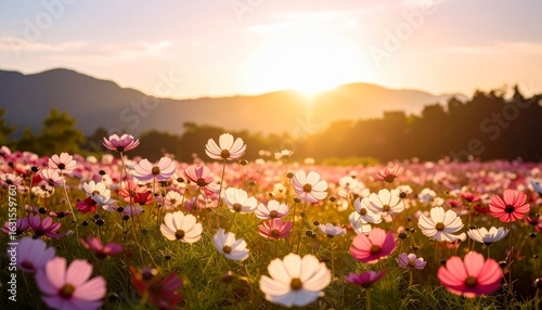 Sunset over flower fields nature landscape serene environment vibrant colors scenic viewpoint