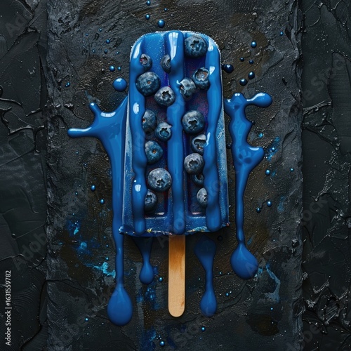 A single melting blueberry popsicle on a dark slate board, with vibrant blue drips trailing down.