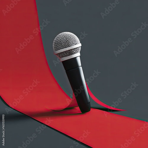 A microphone rests on a red ribbon, draped over a dark gray background