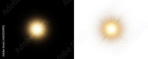 Flares with highlights of golden color, bright beautiful sun, set of suns, vector png.