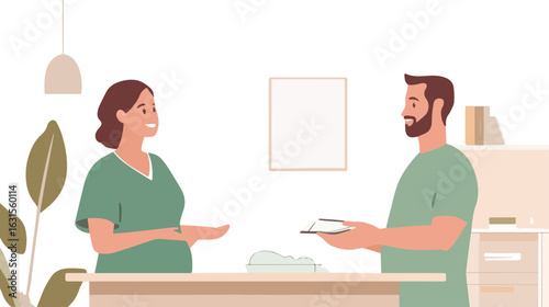 Pregnant Woman Consulting Doctor about Baby Clothes at Clinic Vector Illustration