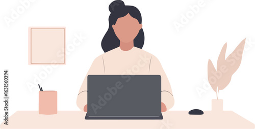 Woman working on laptop at home office desk vector illustration in trendy flat cartoon style remote work freelance online education studying concept