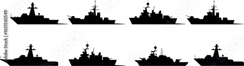 Warship silhouette vector set, naval fleet illustration, military ship graphic, ocean defense template, maritime combat icon, Adobe Stock content