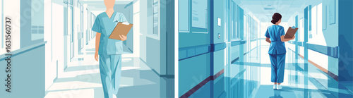 Medical Staff Walking in Hospital Corridor Holding Clipboard Vector Illustration Set