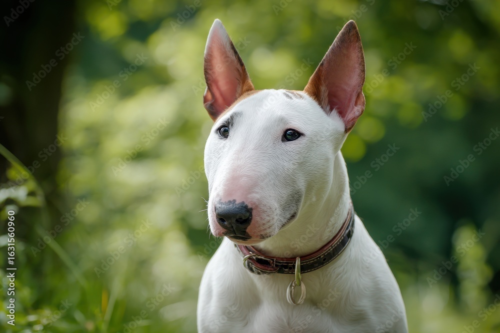Fototapeta premium Charming English Bull Terrier Posing in the Park - Adorable Canine Portrait of a Playful Puppy