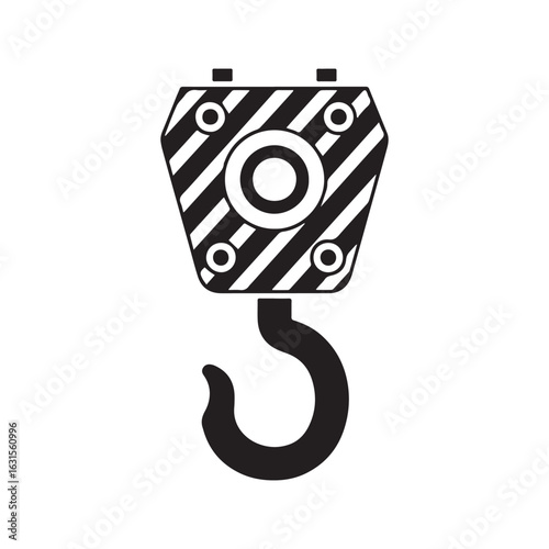 Crane hook icon. Industrial lifting block with striped pattern, simple vector symbol for construction machinery.

