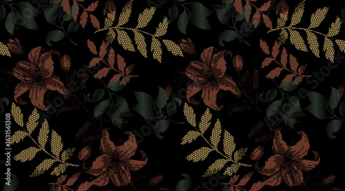 Autumn leaves seamless pattern with stripes and dot pattern. Gradient effect vector pattern with single color design.