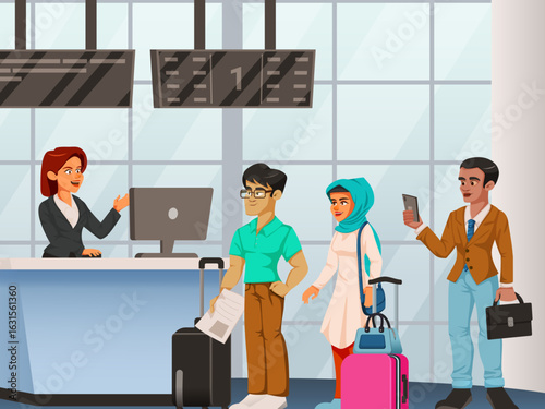 people queue registration check in process administrator receptionist desk counter checking passenger document flight passport control airport terminal interior