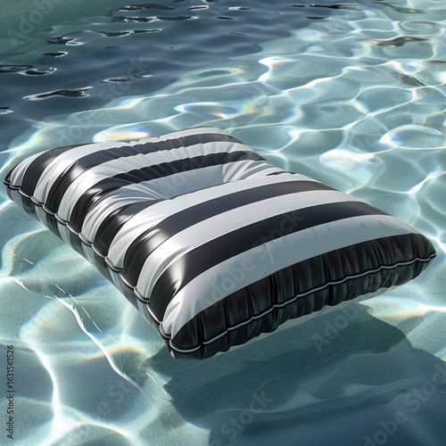A sleek black and white striped pool float gracefully floating on a pool, reflecting light in the shimmering water below.