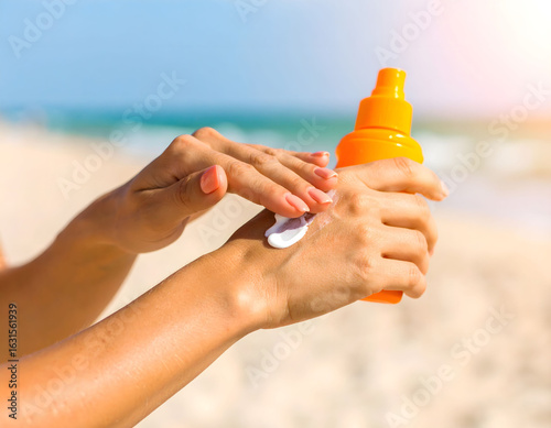 Mujer aplicando crema solar en pleno verano de Agosto