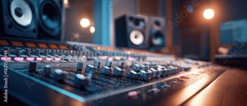 The audio mixer showcasing professional recording studio equipment and atmosphere.