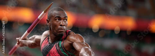 Athlete preparing javelin throw in stadium with intense focus and determination