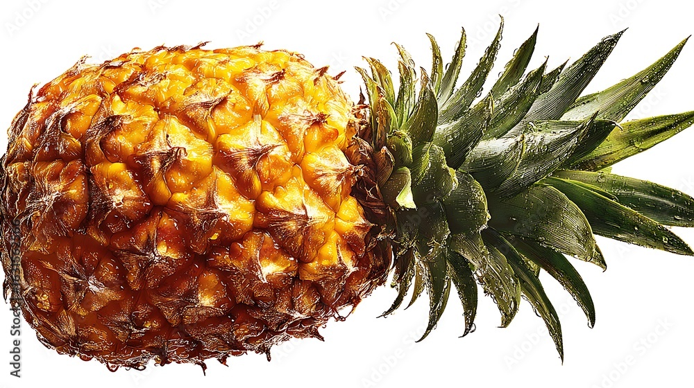 Fototapeta premium Fresh Pineapple Fruit with Green Leaves and Water Droplets on White Background